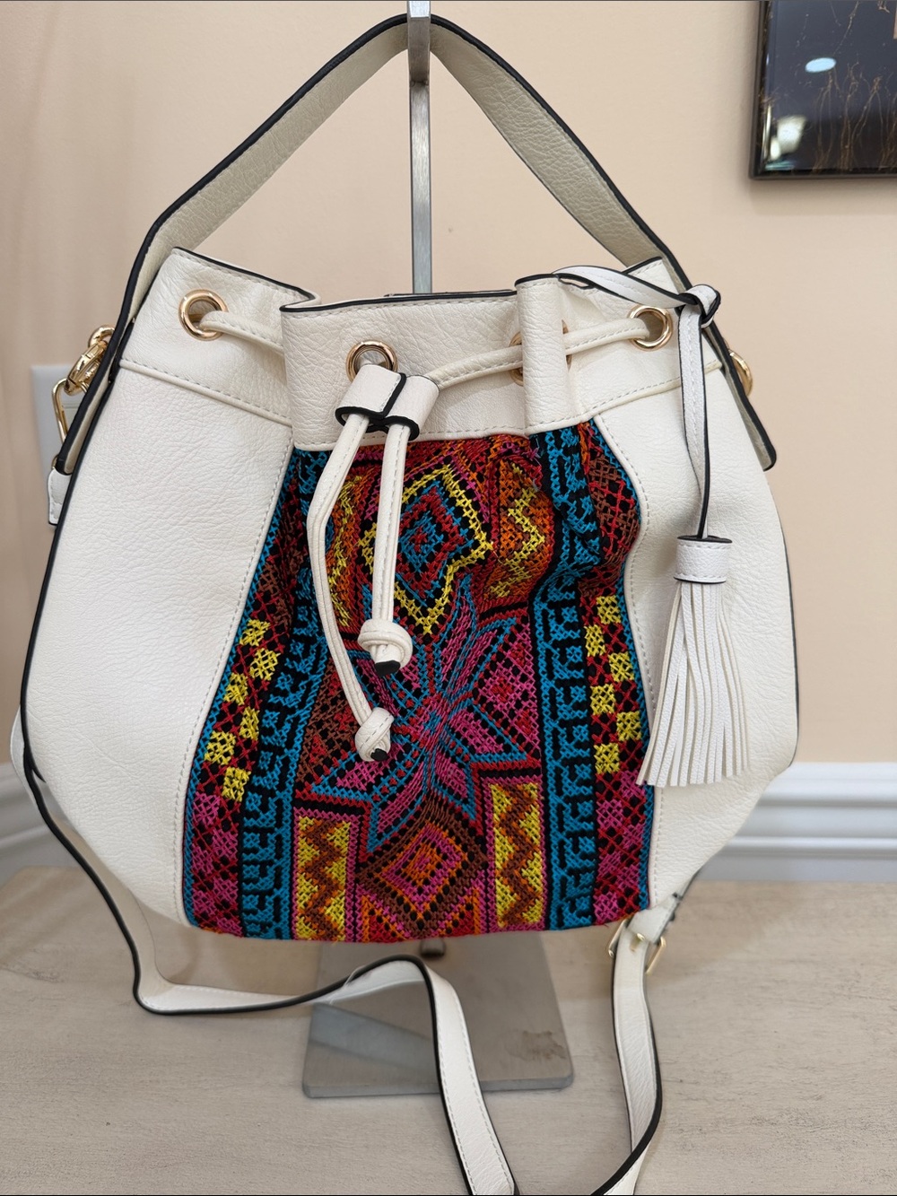 White Convertible Bag with Multicolor Embroidered Front Panel